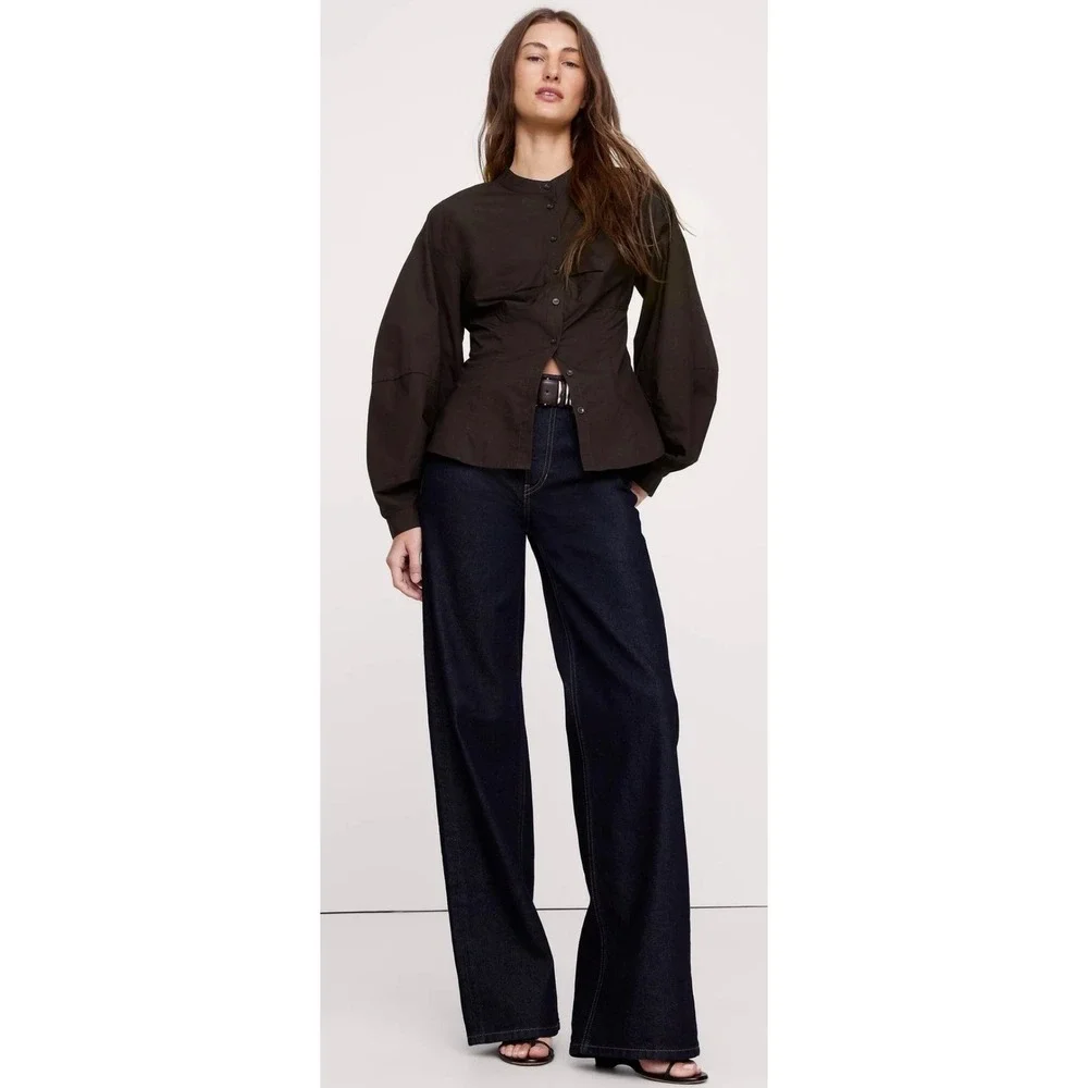 Banana Republic Women Brown Poplin Puff Sleeve Corset Waist Blouse Top NWT 16